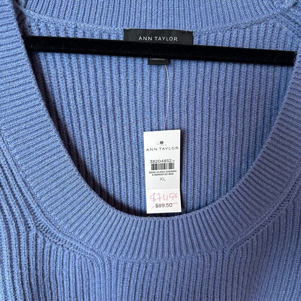 NWT Ann Taylor Ribbed Scoop Neck Sweater XL Blue Fitted Stretch Knit - Picture 5 of 8